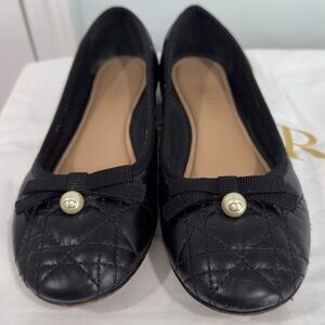 Dior Black Quilted Flats with Bow Accent